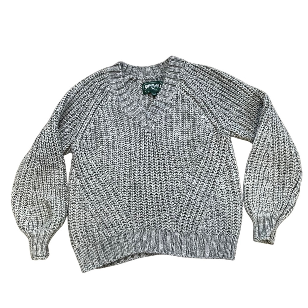 ✨ American Eagle Green Chunky Knit V Neck Sweater Oversized Cozy Size XS